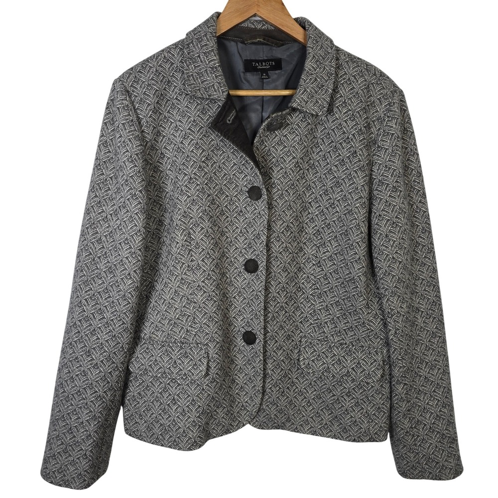 Talbots Womens Gray Wool Blend Herringbone Blazer Jacket Size 16 Three Button - Picture 1 of 6